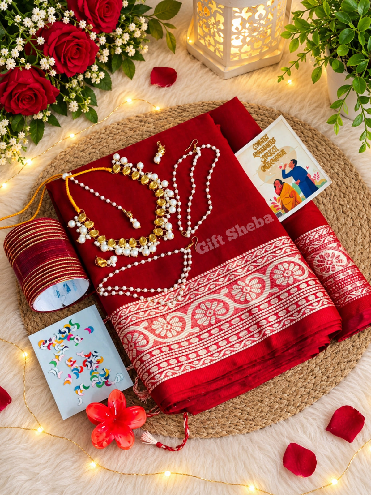 প্রিমিয়াম আড়ং কটন শাড়ি, কুন্দন জুয়েলারি ও চুড়ি ফুল কম্বো সেট