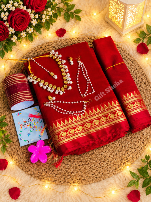 প্রিমিয়াম আড়ং কটন শাড়ি, কুন্দন জুয়েলারি ও চুড়ি ফুল কম্বো সেট