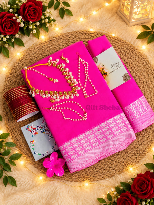 প্রিমিয়াম আড়ং কটন শাড়ি, কুন্দন জুয়েলারি ও চুড়ি ফুল কম্বো সেট