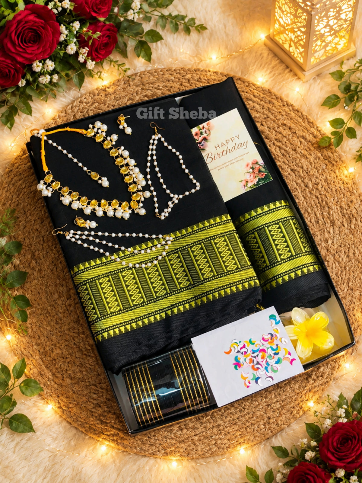 প্রিমিয়াম আড়ং কটন শাড়ি, কুন্দন জুয়েলারি ও চুড়ি ফুল কম্বো সেট